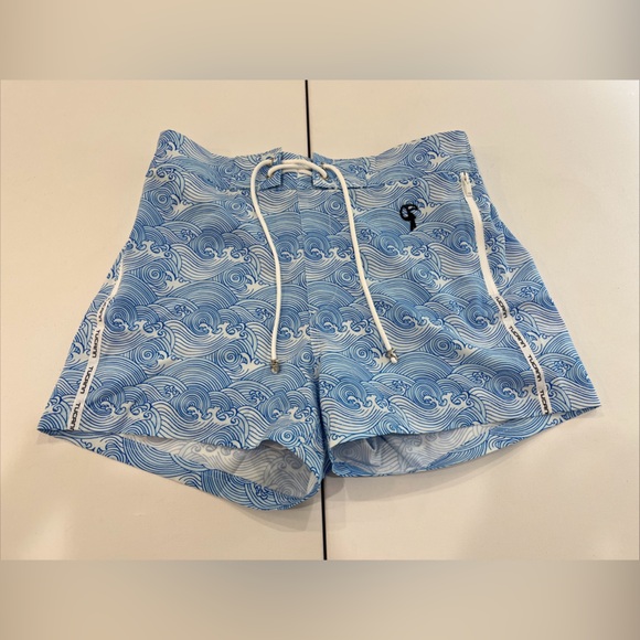 Tucann Swim Shorts Blue White Waves Lined Trunks Stretch Zip Pockets Men’s M - Picture 1 of 12